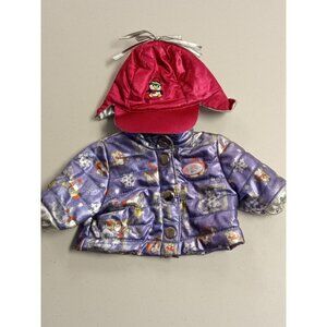 BabyBjorn Doll Purple Metallic Winter Puffer Jacket and Red Hat Outfit Set for 1